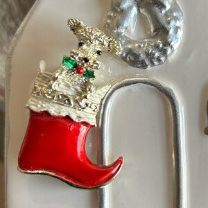 Vintage Red Stocking Brooch with Dog Christmas pin poodle dog holiday pinback